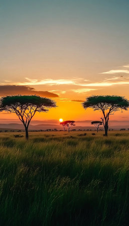 Majestic Sunset Over the African Savanna with Acacia Trees and Wildlife Roaming in the Plainsの素材