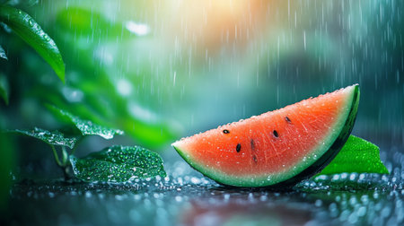 Vibrant Watermelon Slices on a Rustic Table Surrounded by Lush Greenery and Gentle Rain Dropsの素材