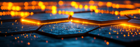 Futuristic Abstract Dark Background Featuring Hexagon Texture with Neon Glow and Honeycomb Patternsの素材