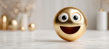 A Cheerful Gold Emoji with Large Eyes on a Festive Background for Celebratory Messagesの素材