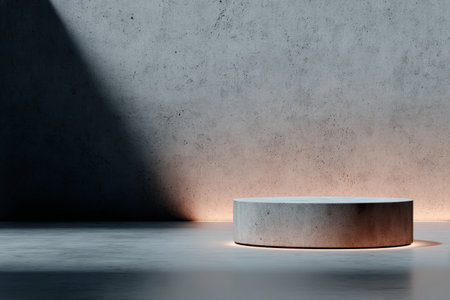 Empty Minimal Round Stage with Modern Cylinder Pedestal for Presentation in Studio Scene Lightingの素材