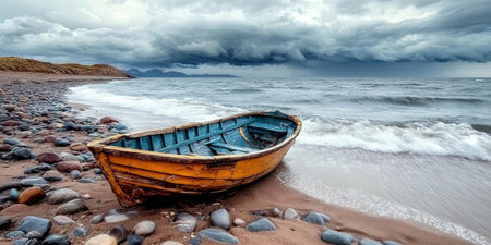 Abandoned Fishing Smack on a Wild Seaside with Dramatic Skies Over a Remote Scenic Landscapeの素材