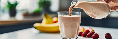 Pouring a Nutritious Protein Shake from a Pitcher into a Glass Next to Fresh Fruits on a Tableの素材