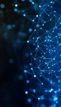 Innovative Technology Network Visualization with Blue Dots and Lines Representing Data Connectionsの素材