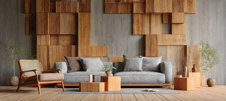 Calm neutral japandi living interior with gray sofa, wood block accent wall, hardwood floor, plants.の素材