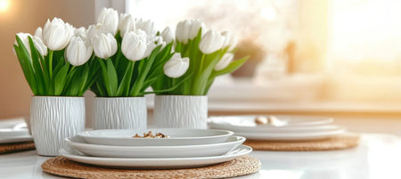 Elegant Wedding Banquet Table Setting with Beautiful Floral Arrangements and Inviting Atmosphereの素材