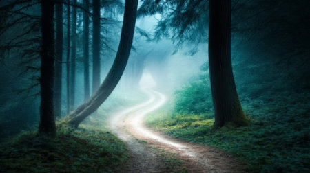 Enchanting woodland trail bathed in sunlight, surrounded by ancient trees, perfect for exploration.の素材