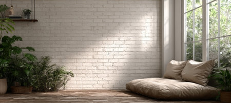 Bright and Cozy Interior Featuring Whitewashed Brick Wall, Floor Cushions, and Lush Greeneryの素材