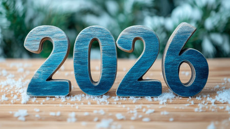 Festive New Year 2026 Backdrop with Colorful Painted Numerals on Wood, Sparkling Snowy Eleganceの素材