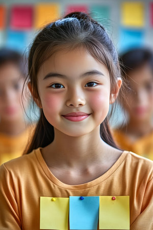 Positive Asian Student Surrounded by Colorful Adhesive Notes, Achieving Academic Success in Classの素材