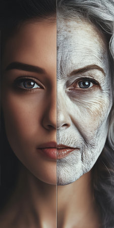 Captivating Dual Portrait of a Woman A Journey Through Transformation and Life s Endless Cycleの素材