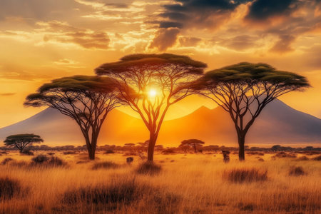 Breathtaking African Savanna at Golden Hour with Silhouetted Acacia Trees Against Stunning Sunsetの素材