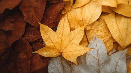 Captivating Autumnal Symphony A Close Up of Brown, Yellow, and Beige Leaves in Nature s Embraceの素材