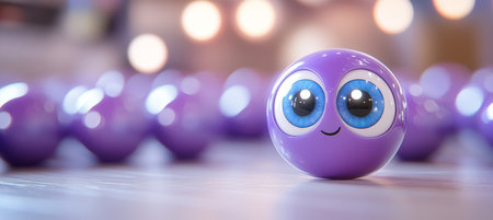 Whimsical Purple Cartoon Ball with Big Eyes Surrounded by a Playful, Rounded Crowd in 3D Renderの素材