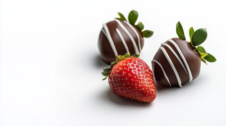 Luxurious Gourmet Chocolate Covered Strawberries with Elegant White Stripes on a White Backgroundの素材