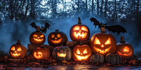 Eerie Halloween Night Display Featuring Spooky Carved Pumpkins Surrounded By A Misty Dark Forestの素材