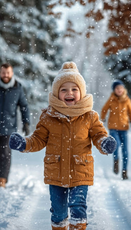 Joyful Child Enjoying a Snowy Outdoor Adventure with Family Fun in the Winter Wonderland Togetherの素材