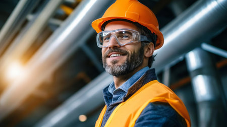 HVAC Expert Conducts Thorough Inspection of Ductwork Inside Large Industrial Factory, Worker Smilingの素材