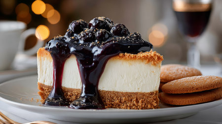 Indulgent Cheesecake with Rich Blueberry Compote Served on a Golden Brown Crust for Dessert Loversの素材