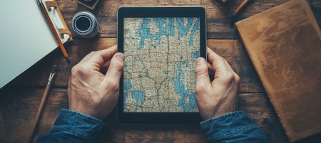 Artist Crafting Digital Map on Tablet, Blending Traditional Sketchbooks with Modern Technologyの素材