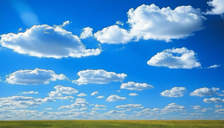 Stunning Scenic View of a Bright Sunny Day with Blue Sky and Fluffy Clouds over Lush Green Meadowの素材