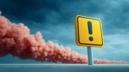 Red Smoke Cloud Surrounding a Yellow Exclamation Mark Sign Signifying Danger in Overcast Weatherの素材