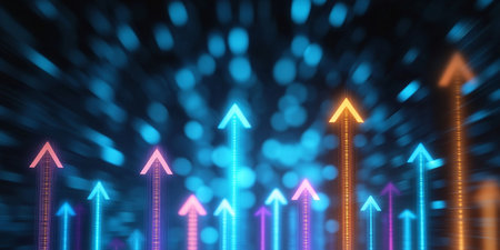 Dynamic Growth Blurred Light Spots with Neon Vectors Symbolizing Economic and Technological Successの素材