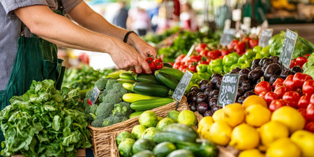 Colorful Farmers Market Displaying a Variety of Fresh Produce, Local Goods, and Community Vibesの素材