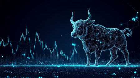 Japanese Bull in Hologram Finance with Gradient Candlesticks and Market Data Visualizationの素材