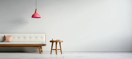 Bright and Cozy Interior Featuring Minimalist Furniture and a Radiant Pink Pendant Light Designの素材