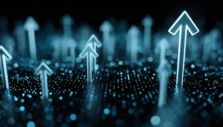 Vibrant Digital Growth with Ascending Arrows Symbolizing Progress in Technology and Innovationの素材