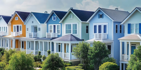 Colorful Row Houses in a Charming Suburban Neighborhood Showcasing Architectural Diversity and Cheerの素材