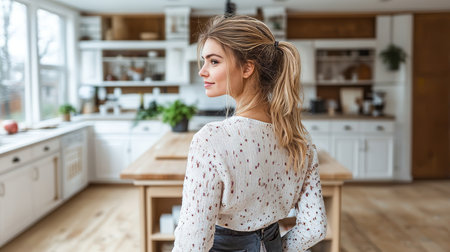 Stylish Young Woman Plans DIY Kitchen Renovation with White Cabinets and Wooden Accents for Homeの素材