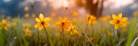 A stunning sunset over a peaceful field of wildflowers, showcasing nature s breathtaking beauty.の素材