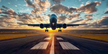 Aerial View of Airplane Ascending Into the Sunset Sky, Capturing the Beauty of Flight and Adventureの素材