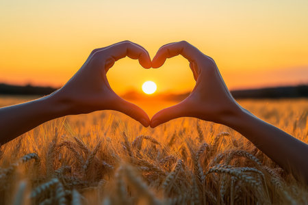 Silhouette of Heart Hands in a Beautiful Wheat Field at Sunset, Capturing Romantic Summer Vibesの素材