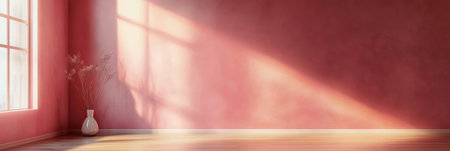 Sunlit Serene Pink Painted Room with Wooden Floor and Elegant Dried Branches in a Stylish Vaseの素材