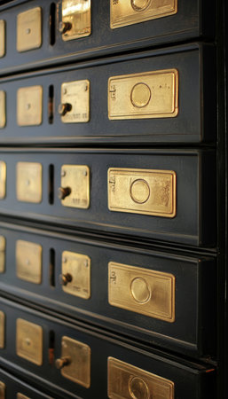 Vintage Bank Safe Deposit Boxes with Brass Details in a Secure Facility of Lockers for Wealthの素材