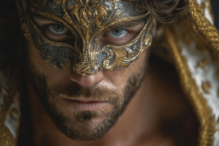 Intriguing Portrait of a Mysterious Man Wearing an Ornate Venetian Mask with Intense Gaze and Charmの素材