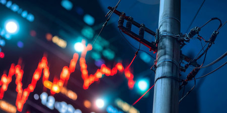 Blurry Stock Market Chart Behind Electric Pole Wires Creates Confusion in Nighttime Image Viewの素材