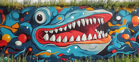 Vibrant Urban Street Art Enormous Cartoon Monster Mural with Bright Colors and Abstract Detailsの素材