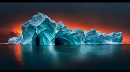 Breathtaking View of a Majestic Iceberg Drifting in Arctic Waters Beneath a Fiery Sunset Sky.の素材