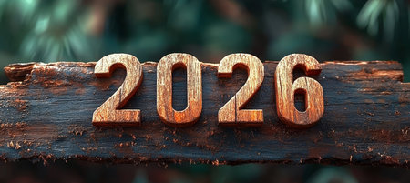 Rustic Wooden 2026 Year Carved on Natural Bark Background, Vintage Nature Scene in Forest Landscapeの素材
