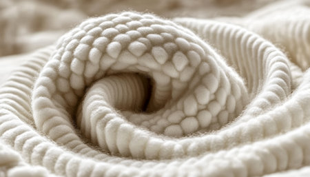 Close-Up of Soft White Wool Fabric with Intricate Textures and Rolled Design, Cozy Textile Detailの素材