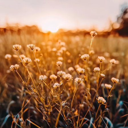 Golden Hour Serenity Dreamy Meadow Landscape with Vibrant Field Flowers and Warm Sunset Glowの素材