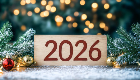 Vibrant Happy New Year 2026 Celebration with Bokeh Lights and Colorful Decorations on Wooden Canvasの素材