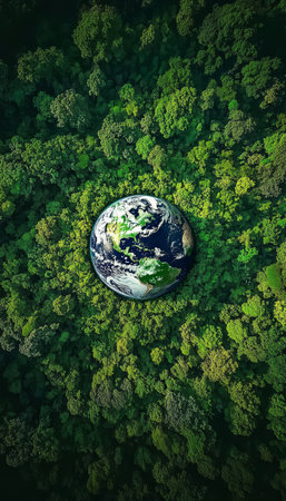 Lush Green Earth Surrounded by Dense Forests, Aerial View of Nature s Beauty and Ecological Balanceの素材