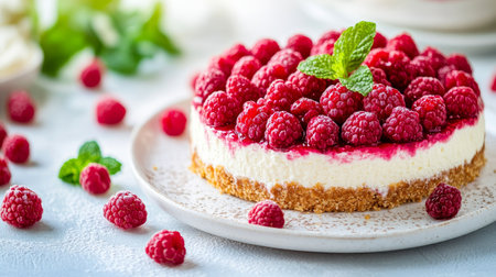 Delicious Raspberg Cake with Fresh Raspberries and Cream Cheese on Elegant White Table Settingの素材