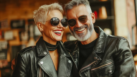 Stylish senior couple embodies urban sophistication and timeless elegance in a vibrant city setting.の素材