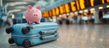 Piggybank Guarding Travel Luggage at Airport, Representing Savings and Vacation Planning Journeyの素材